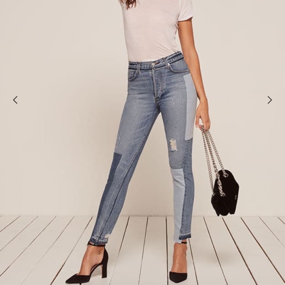 Reformation patched distressed skinny jeans